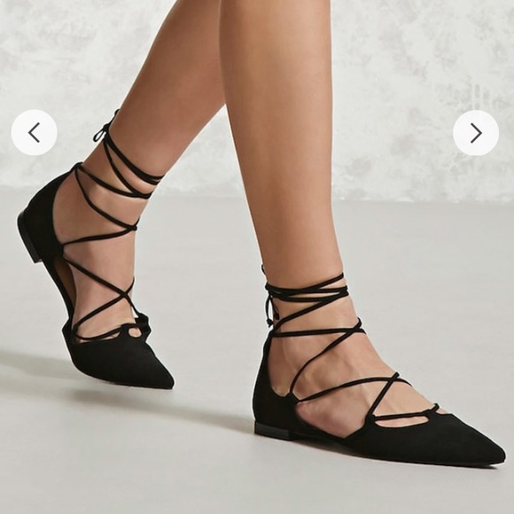 black pointed lace up flats